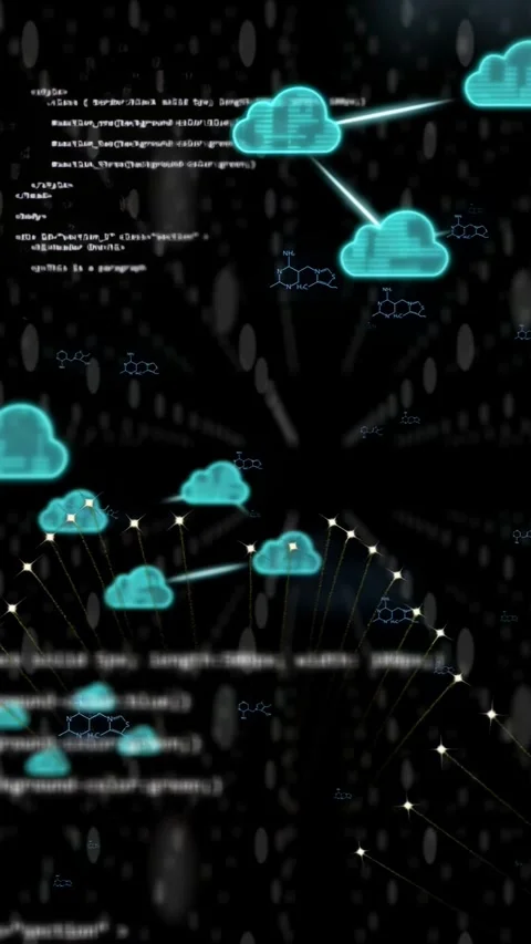 Vertical video: Star nodes sparking trails, cyan cloud icons growing, linking Stock Footage 335802670