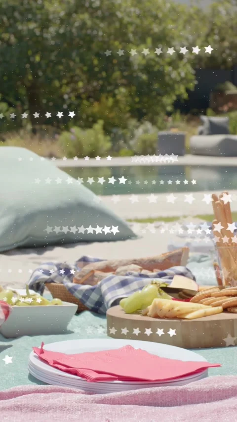 Vertical video: Star overlay drifting, starting slow pan right, revealing picnic Stock Footage 333479894