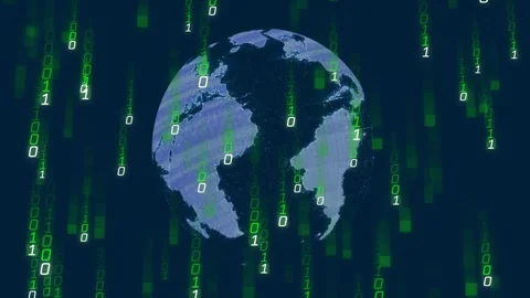 Vertical video: On start, 3D globe rotating in navy space, visualizing binary Stock Footage 332404771