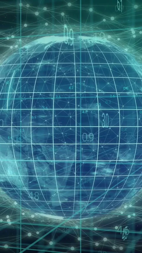 Vertical video: On start 3D globe rotating while paths drawing, nodes pulsing, Stock Footage 340133483