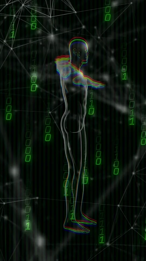 Vertical video: On start 3D humanoid rotating while mesh forming and binary Stock Footage 329552788