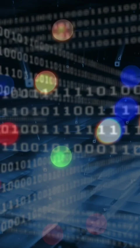 Vertical video: At start binary bands sliding digits shifting bokeh orbs Stock Footage 329552861