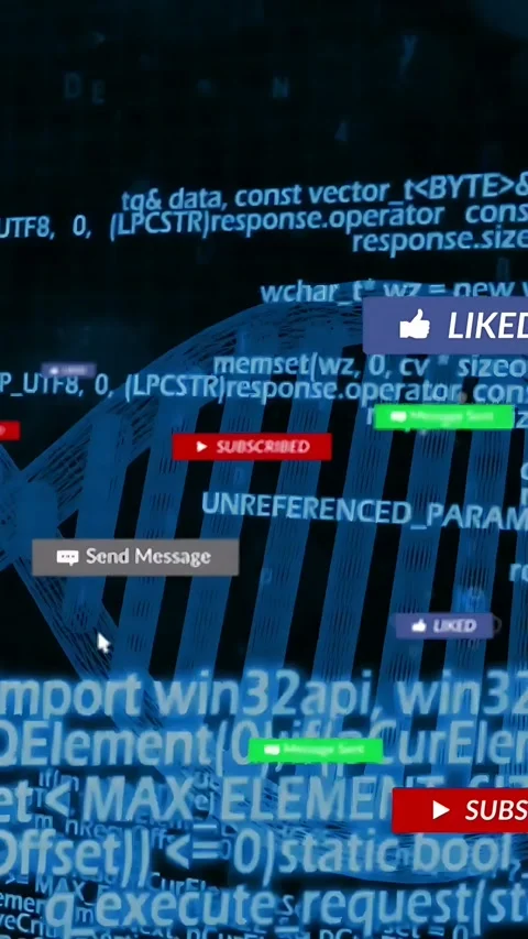 Vertical video: On start blue helix rotating, code falling, UI badges appearing, Stock Footage 337552349