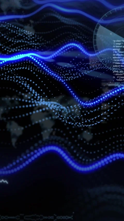Vertical video: On start blue wave lines and dotted mesh undulating, visualizing Stock Footage 329552489