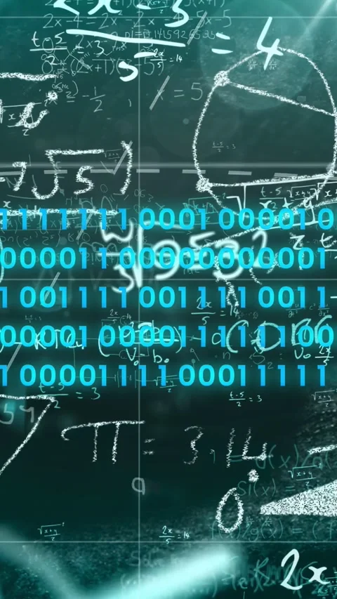Vertical video: On start board drawing math, cyan bits scrolling, glows Stock Footage 335678196