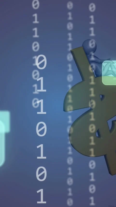 Vertical video: On start cam rotating $ sign with blue figure seated and binary Stock Footage 335263830