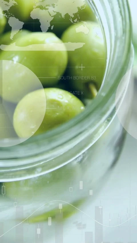 Vertical video: Start camera pulling back, jar revealing olives, HUD metrics Stock Footage 334317763