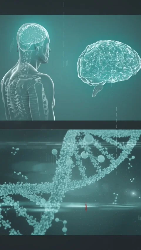 Vertical video: On start clear human model turning, brain pulsing, DNA spinning, 動画素材 329913333