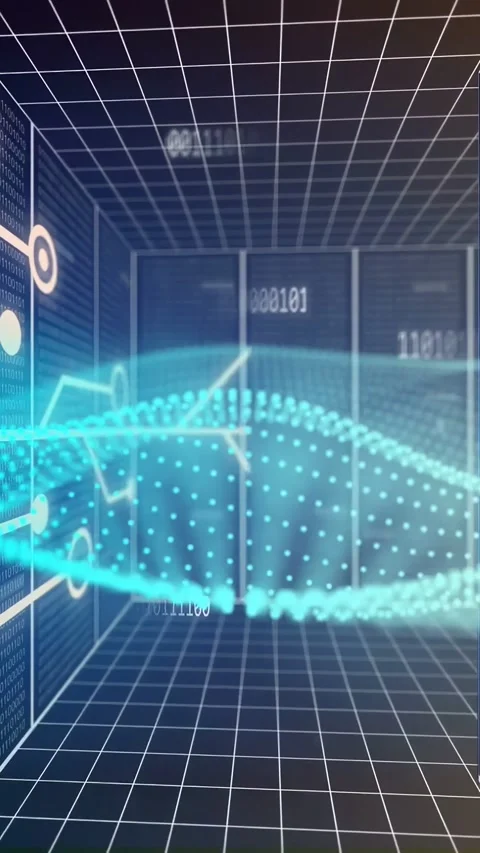 Vertical video: On start cyan dotted wave moving right, making nodes showing Stock Footage 334378370