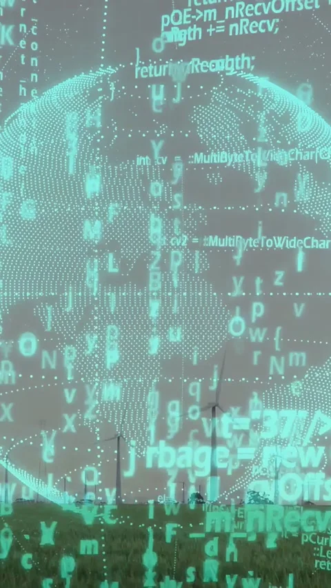 Vertical video: Start cyan globe rotating and moving, code flowing and showing Stock Footage 332747636