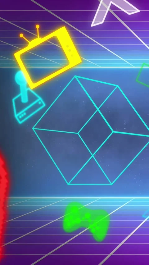 Vertical video: On start, cyan wire cube rotating, icons orbiting and pulsing, Stock Footage 333005934