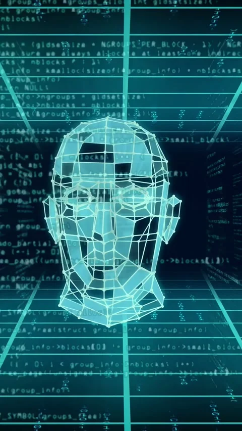 Vertical video: On start cyan wireframe head rotating, code streams scrolling, Stock Footage 334423422