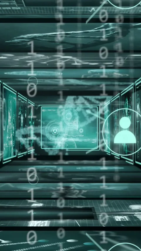 Vertical video: On start, data corridor moving to monitor, bits falling, nodes Stock Footage 332806924
