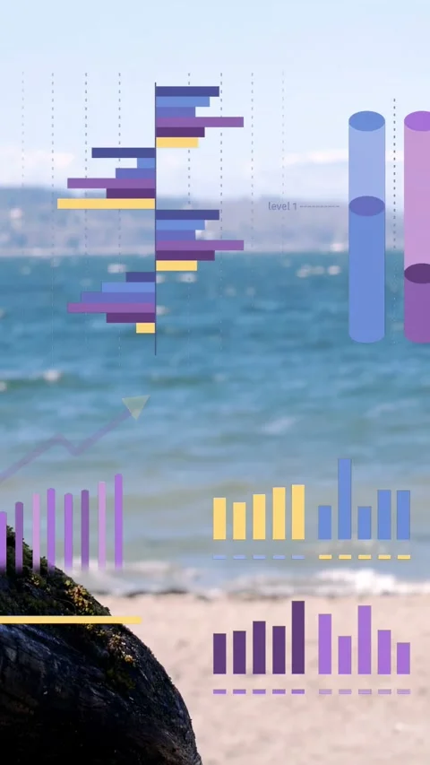 Vertical video: On start data overlay animating on beach, trend rising, bars Stock Footage 333912858