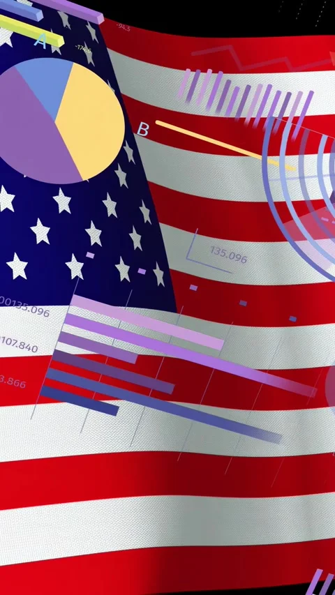 Vertical video: On start data overlays sliding across US flag, charts animating Stock Footage 334859827