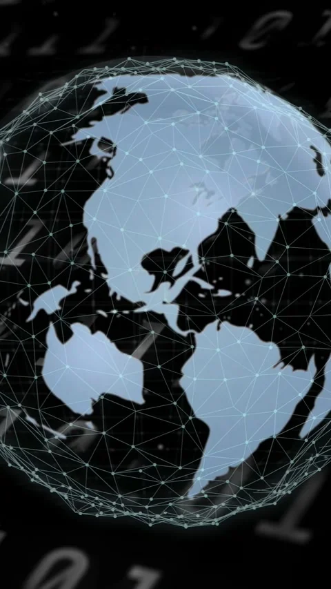 Vertical video: On start globe rotating cam orbiting nodes pulsing bits drifting Stock Footage 334770891