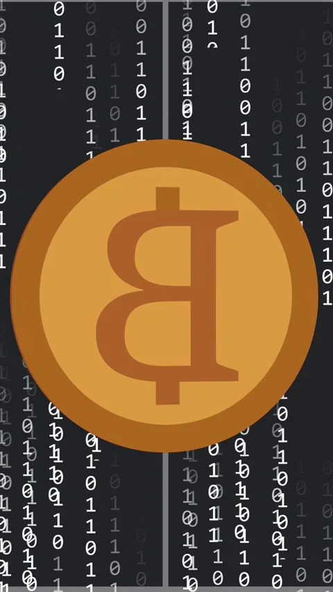 Vertical video: On start gold coin rotating tilting as binary digits streaming Stock Footage 335355736