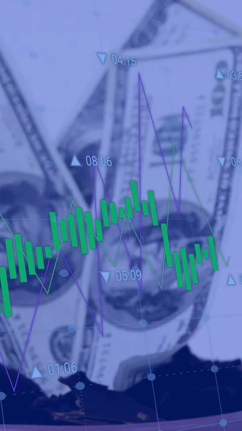 Vertical video: On start green bars and purple line shifting, spiking, dipping, Stock Footage 335264311