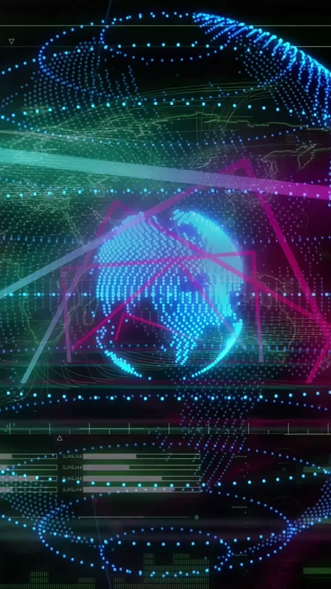 Vertical video: On start holo globe rotating, pulsing, magenta waveform Stock Footage 332278390