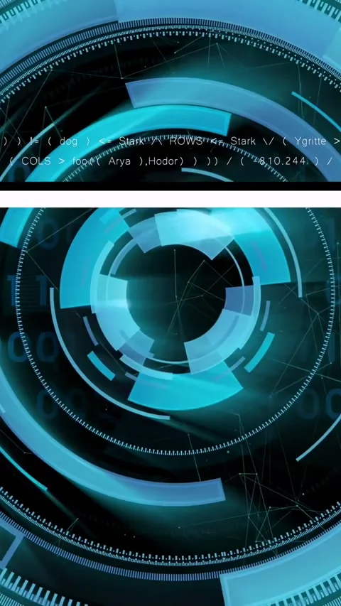 Vertical video: At start HUD assembling via cyan arcs into rings, scan bar Stock Footage 333020505