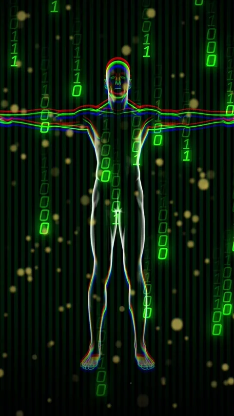 Vertical video: On start humanoid rotating with RGB fringe, binary code falling, Stockbeeldmateriaal 329912764