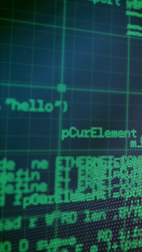 Vertical video: On start matrix green code UI drifting zooming shifting grid Stock Footage 329613022