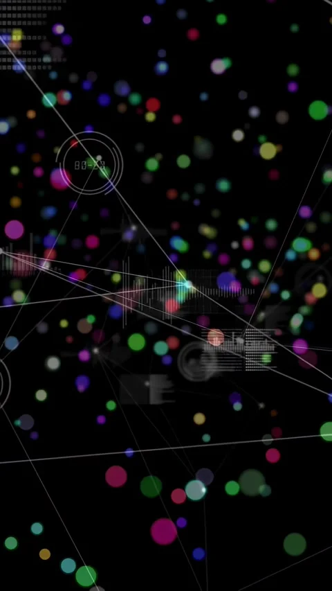 Vertical video: On start multicolor dots drifting, lines linking, HUD rings Stock Footage 329961461