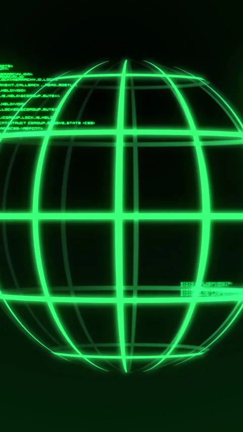 Vertical video: At start neon grid globe rotating while code blocks migrating to Stock Footage 348384494