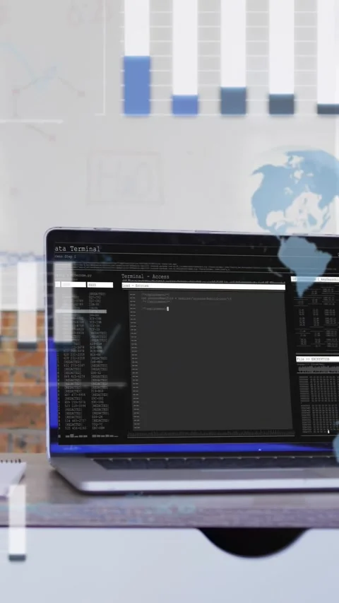 Vertical video: On start overlays launching laptop staying centered while bars Stock Footage 334397532