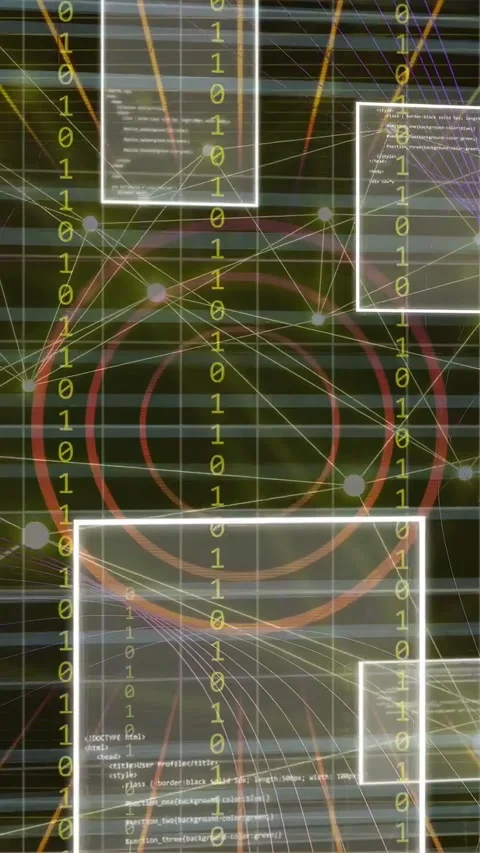 Vertical video: On start rings and mesh activating while code panels sliding and Stock Footage 335802779