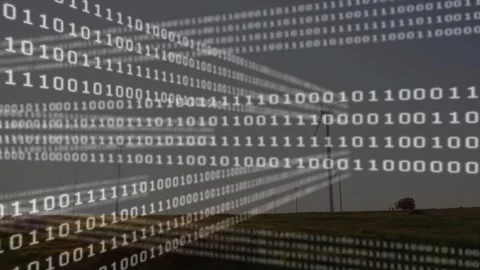 Vertical video: At start sliding binary bands moving across farm showing data Stock Footage 332867022