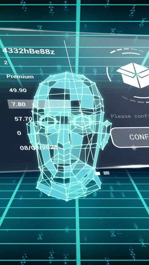 Vertical video: On start teal wireframe head rotating, tilting over holographic Stock Footage 334378124