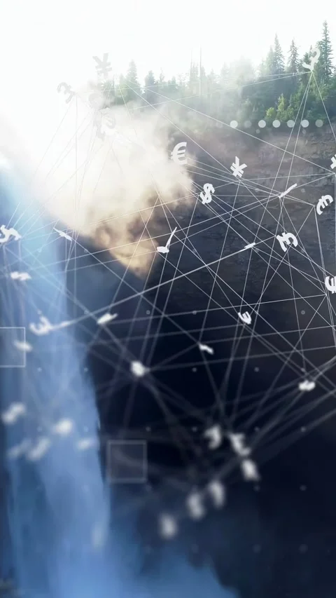 Vertical video: At start waterfall mist rising, 3D mesh floating and rotating, Stock Footage 333861973