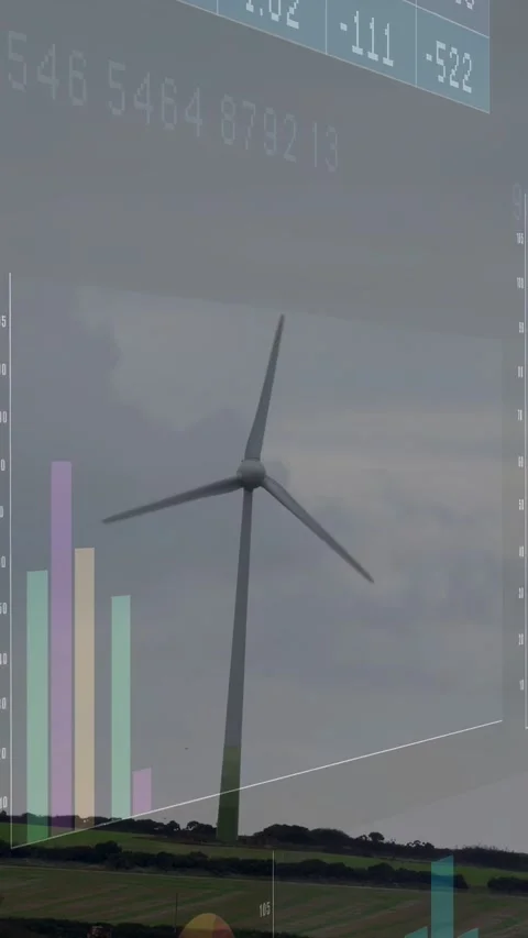 Vertical video: On start wind turbine rotating blades while translucent charts Stock Footage 332846139