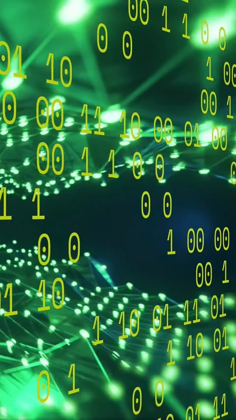 Vertical video: On start yellow binary digits falling over pulsing green network Stock Footage 334378235