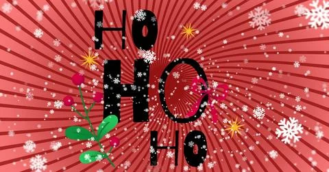 Vertical video: Starting bold Ho text on red radial banner, showing falling snow Stock Illustration
