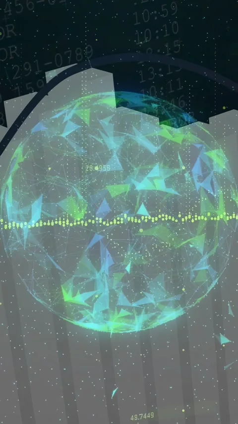 Vertical video: Starting globe rotating in dashboard, trend line rising over Stock Footage 332775201