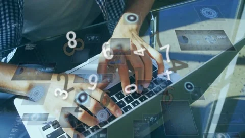 Vertical video: Starting man in checked shirt sleeves up typing work on laptop Stock Footage 331165404
