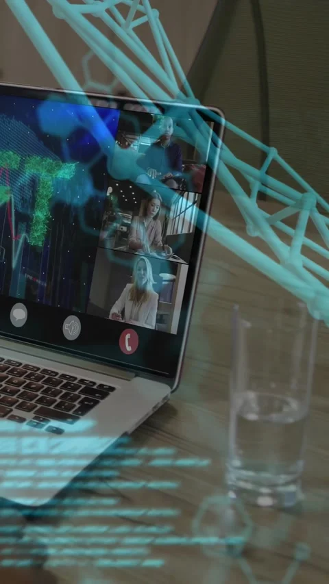Vertical video: Starting overlay, laptop showing 3-person call at table, Stock Footage 334541092