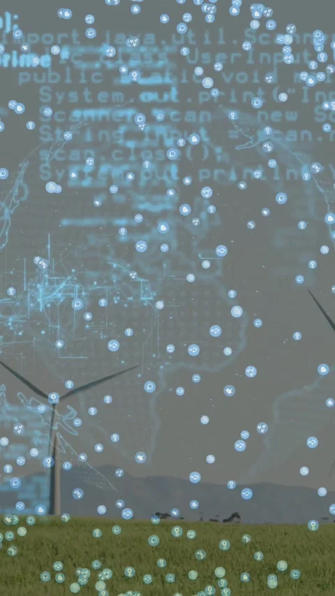 Vertical video: Starting overlay rising over green field turbines, nodes pulsing Stock Footage 334396335