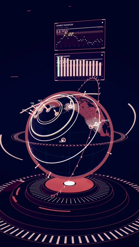 Vertical video: Starting platform raising hologram globe mapping seismic data Stock Footage 348563950