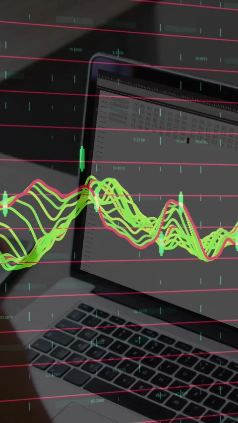 Vertical video: Starting playback moving waveform over laptop table on desk, Stock Footage 330656000