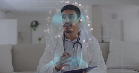 Vertical video: Starting talk doc in lab coat, stethoscope teaching brain at Stock Footage 331349877