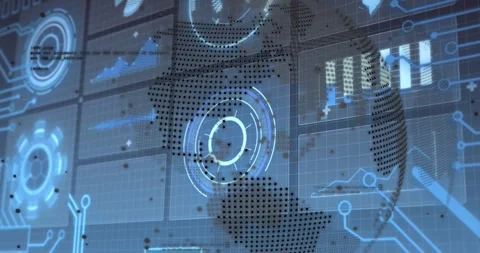 Vertical video: Starting turning dotted globe showing HUD rings updating tiles Stock Footage 331176278