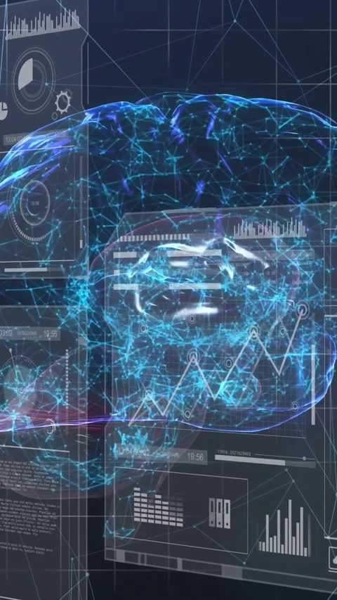 Vertical video: Startup 3D brain rotating and pulsing while HUD panels updating, Stock Footage 332278241