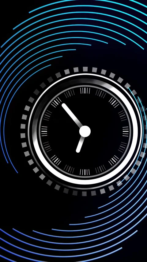 Vertical video: On startup central HUD dial rotating two hands, sweeping neon Stock Footage 334770470