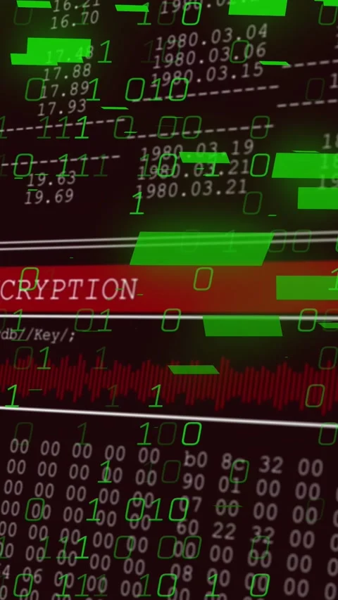 Vertical video: On startup encryption UI showing green bits falling, ENCRYPTION Stock Footage 329552730
