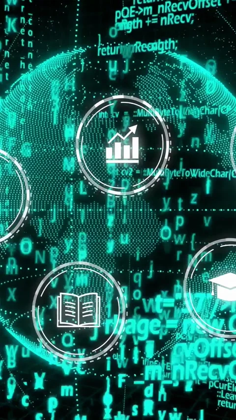Vertical video: On startup globe rotating, code streaming, HUD icons fading, Stock Footage 329961603