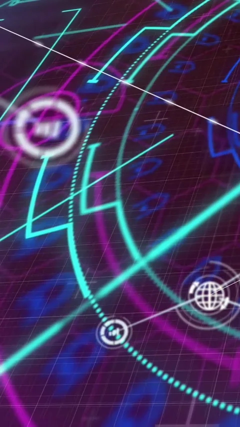 Vertical video: On startup HUD animating rings and beams, sending lines out to Stock Footage 330965754