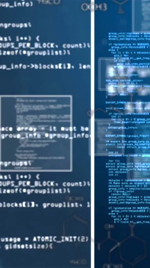 Vertical video: Startup HUD shifting panels and revealing code, showing Stockbeeldmateriaal 335741097